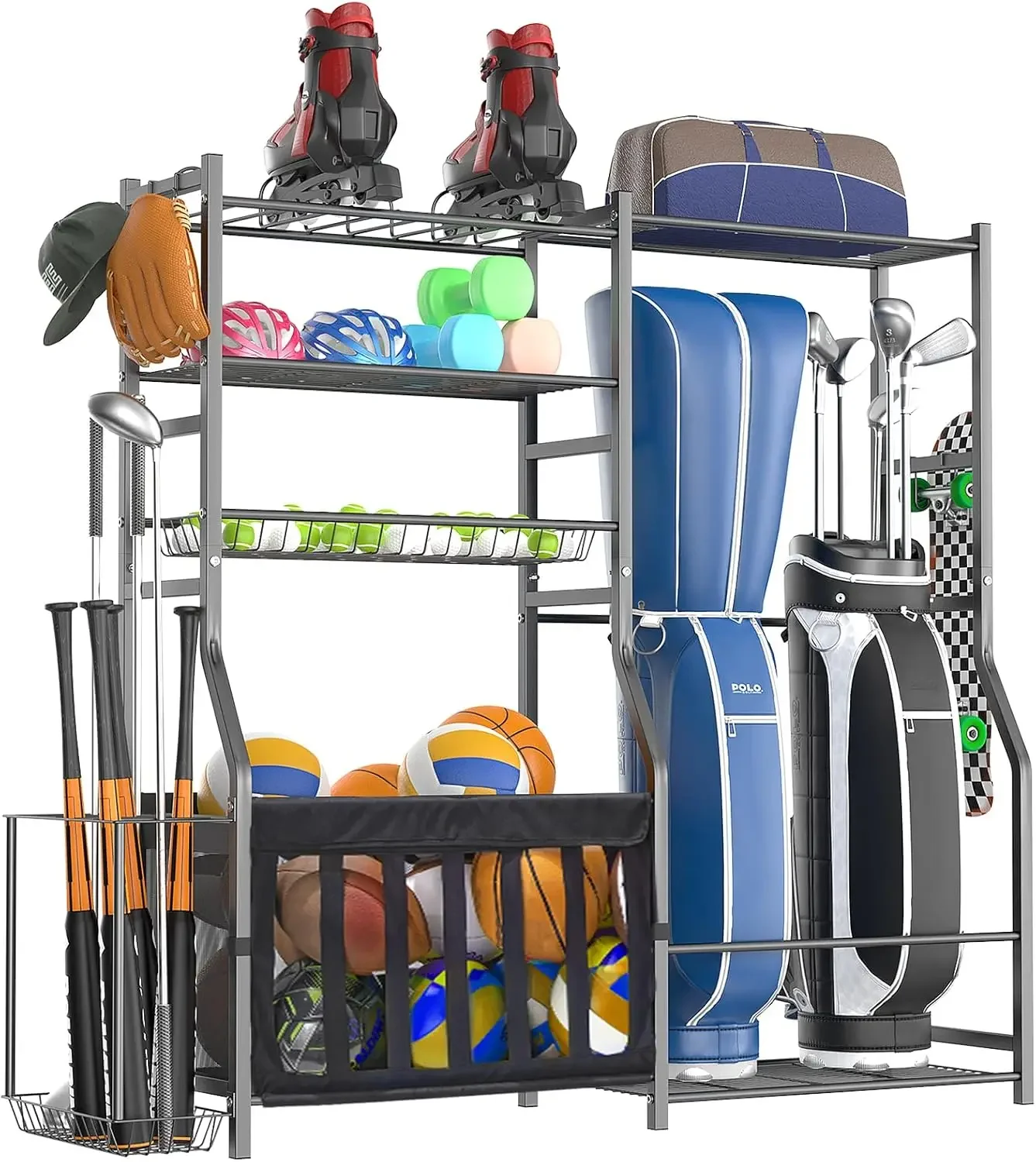 Sports Equipment Garage Storage - Robuster Garagen-Sportgeräte-Organizer All-in-One Golftaschen-Aufbewahrungsregal Multisport-Ballhalter für